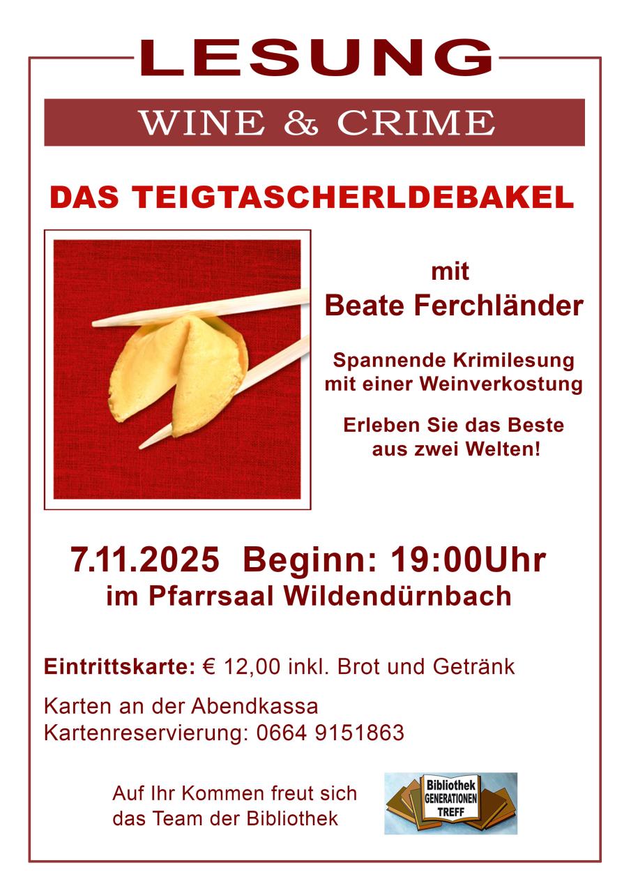 Flyer Wine & Crime - Lesung: Das Teigtascherldebakel