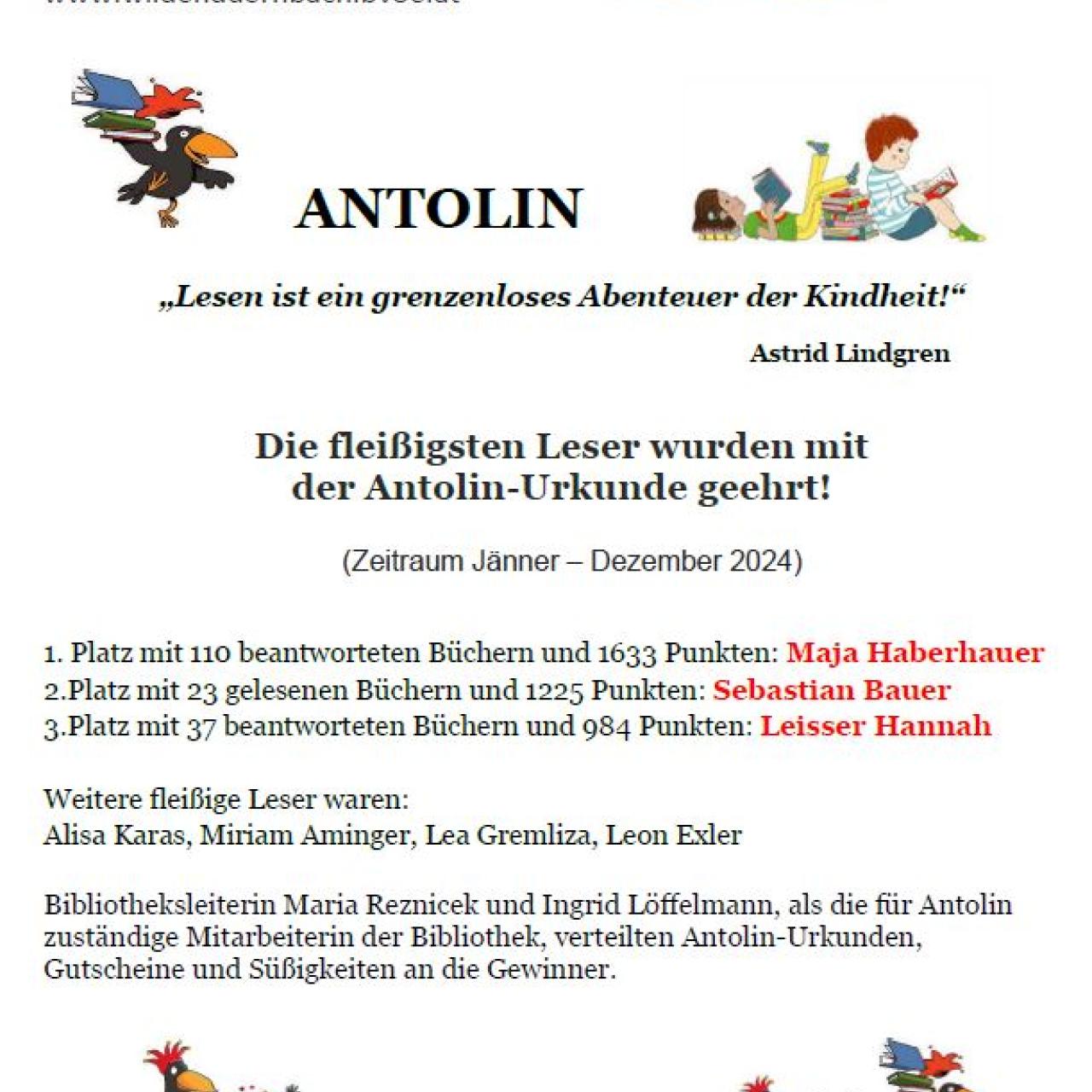 Antolin Siegerehrung für das Lesejahr 2024 