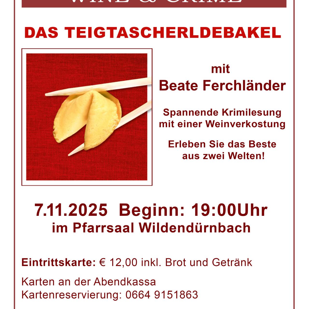 Flyer Wine & Crime - Lesung: Das Teigtascherldebakel